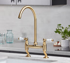 Traditional Bridge white ceramic lever sink mixer tap - Brushed Brass