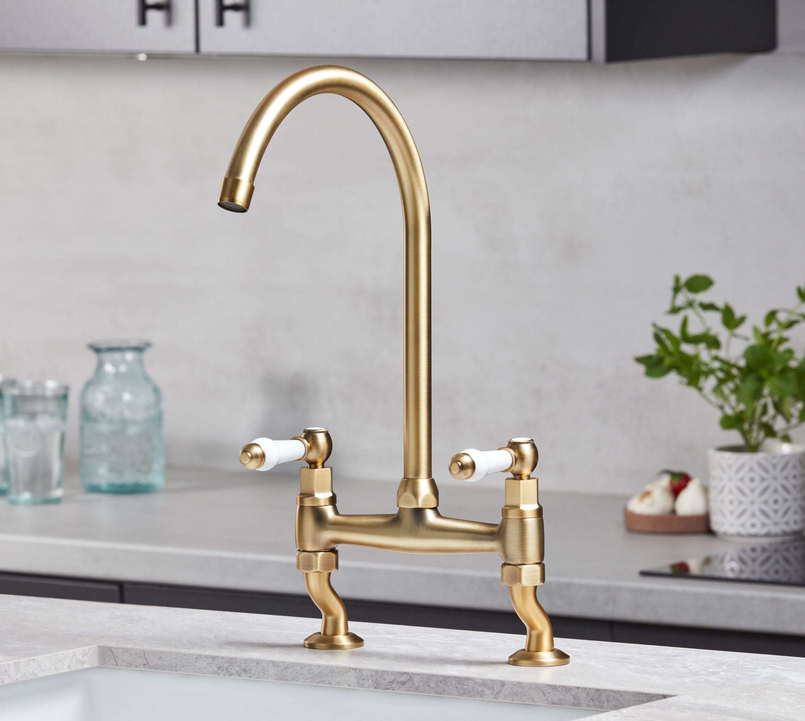 Traditional Bridge white ceramic lever sink mixer tap - Brushed Brass