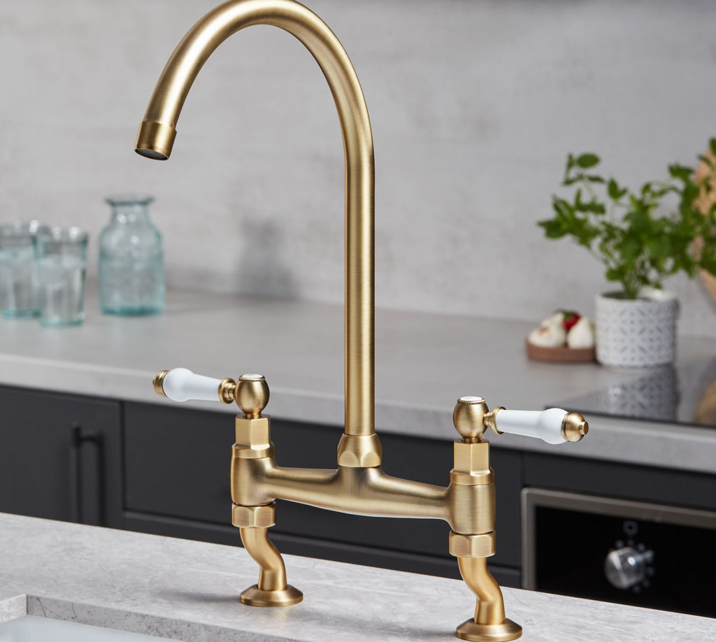 Traditional Bridge white ceramic lever sink mixer tap - Brushed Brass