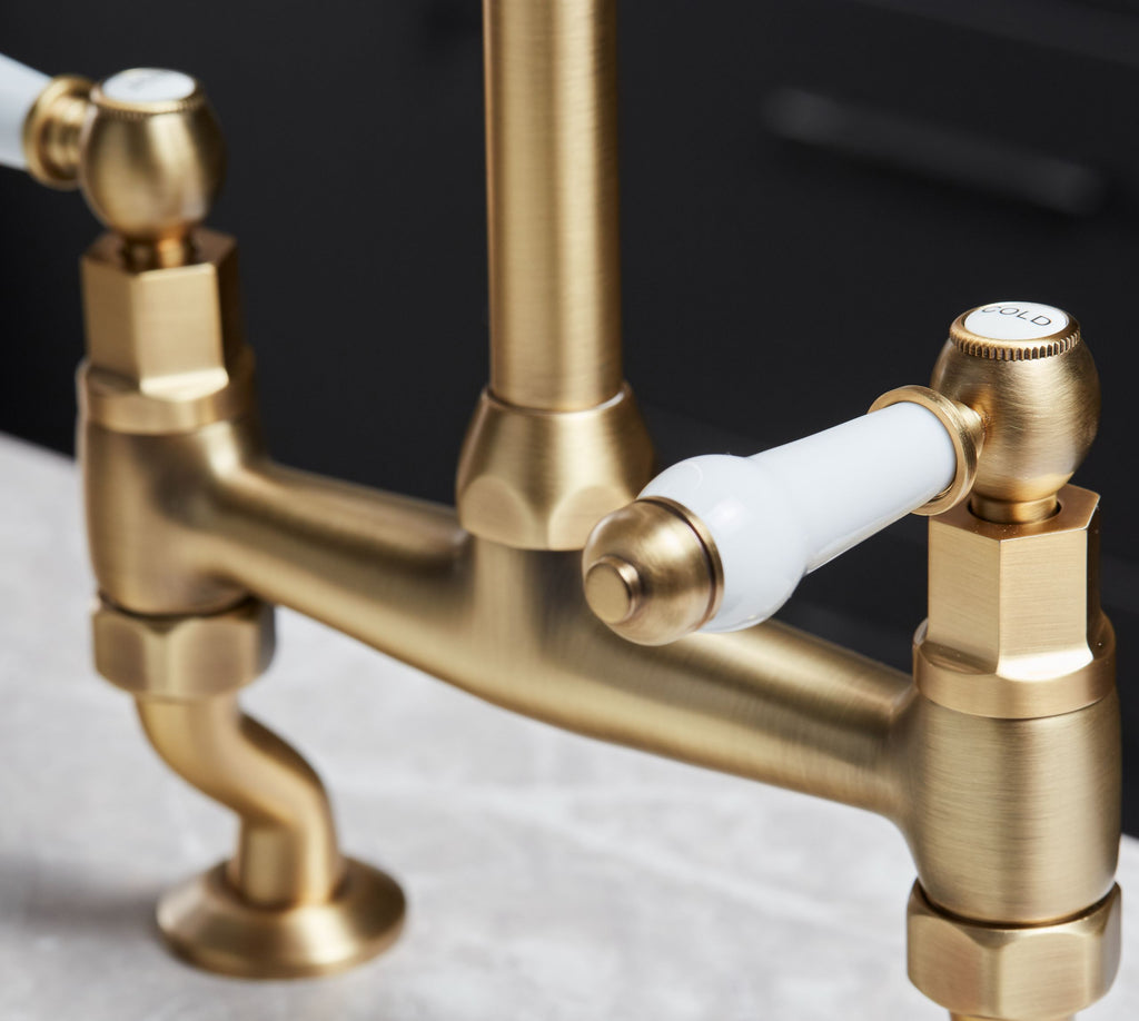 Traditional Bridge white ceramic lever sink mixer tap - Brushed Brass