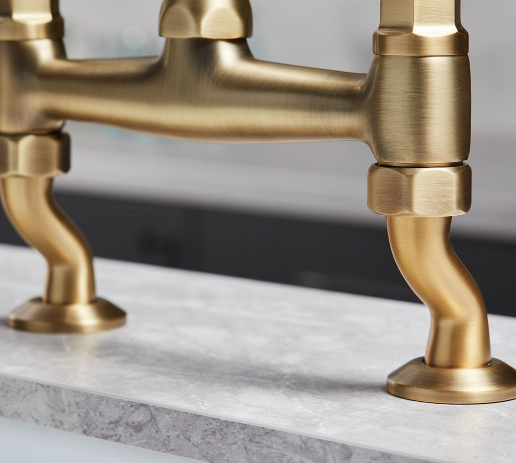 Traditional Bridge white ceramic lever sink mixer tap - Brushed Brass