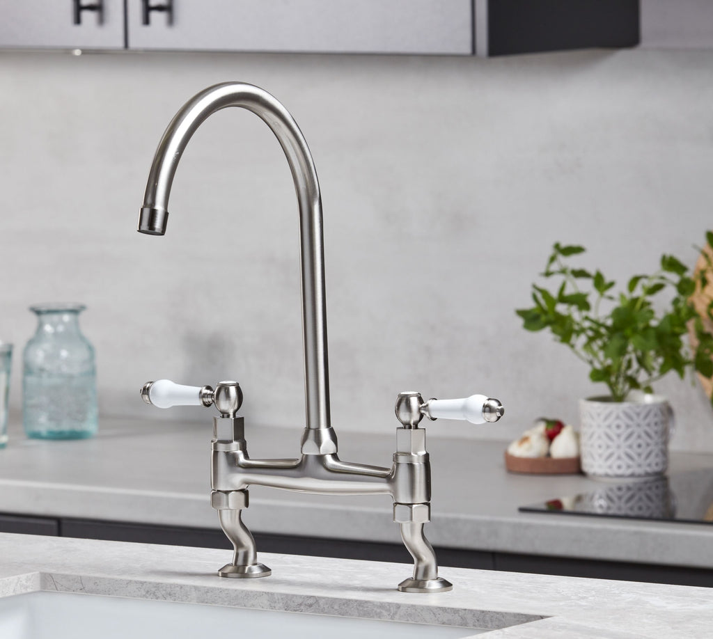 Traditional Bridge white ceramic lever sink mixer tap - Brushed Nickel