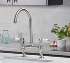 Traditional Bridge white ceramic lever sink mixer tap - Brushed Nickel