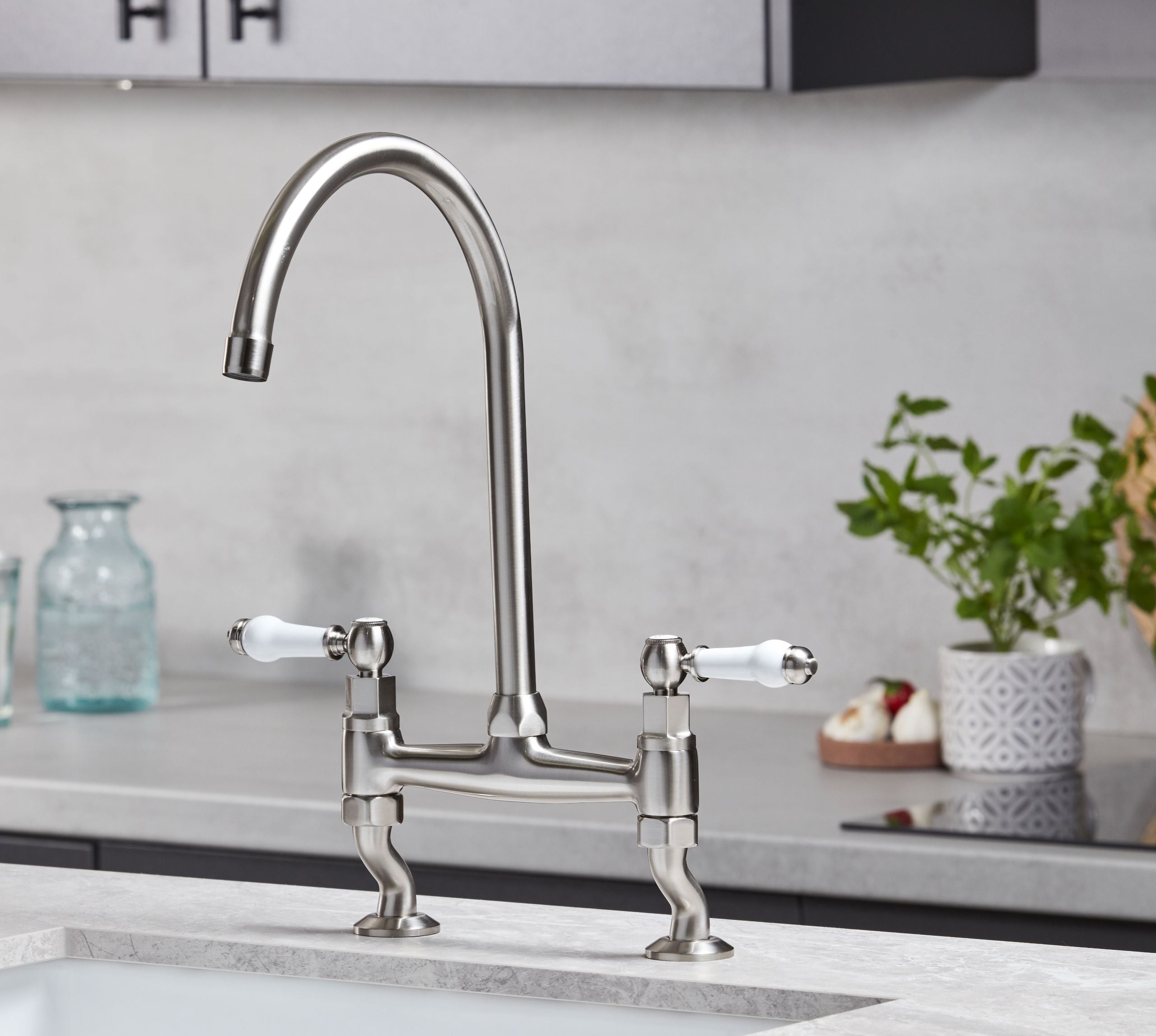 Traditional Bridge white ceramic lever sink mixer tap - Brushed Nickel