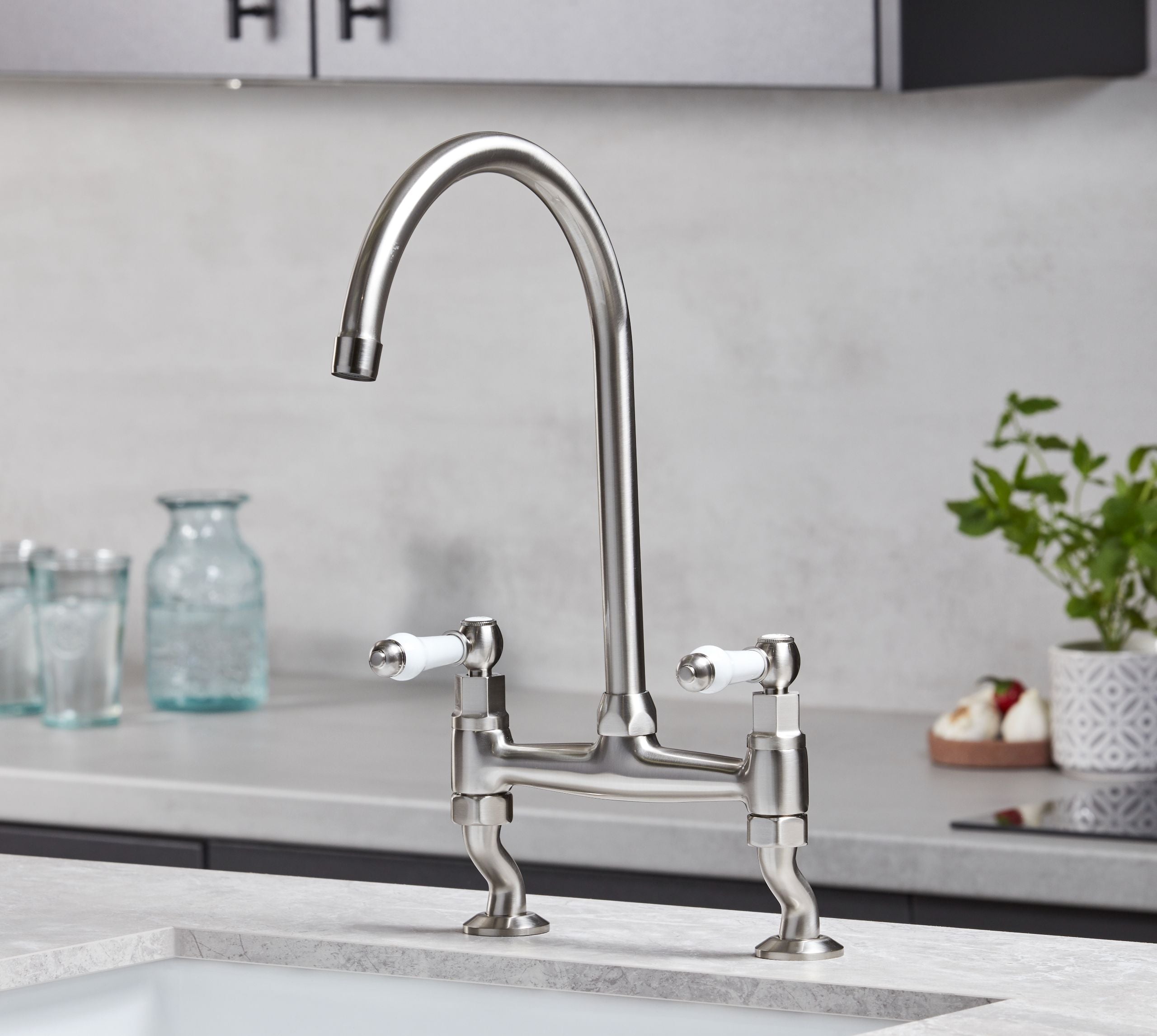 Traditional Bridge white ceramic lever sink mixer tap - Brushed Nickel