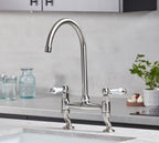 Traditional Bridge white ceramic lever sink mixer tap - Brushed Nickel