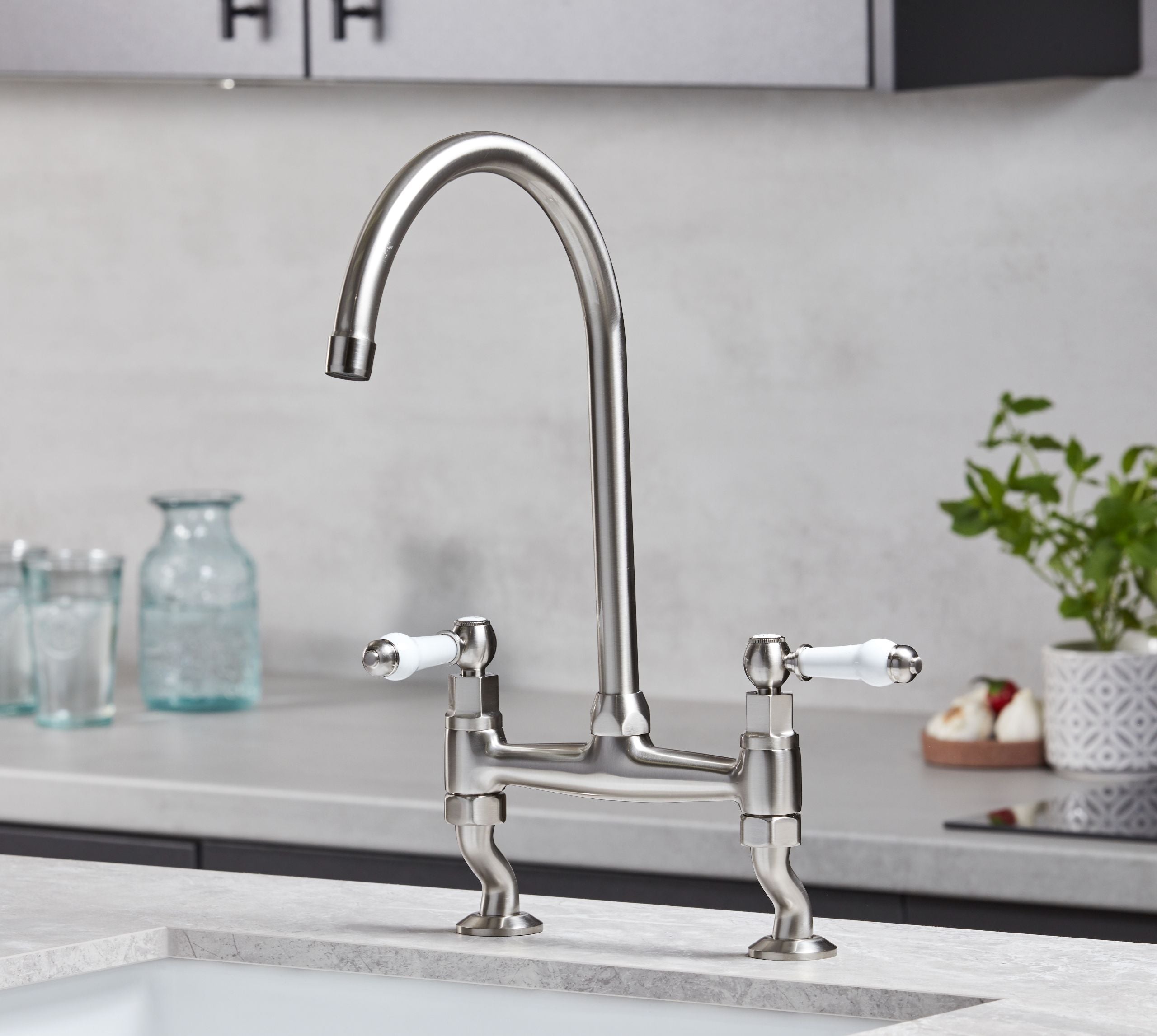 Traditional Bridge white ceramic lever sink mixer tap - Brushed Nickel