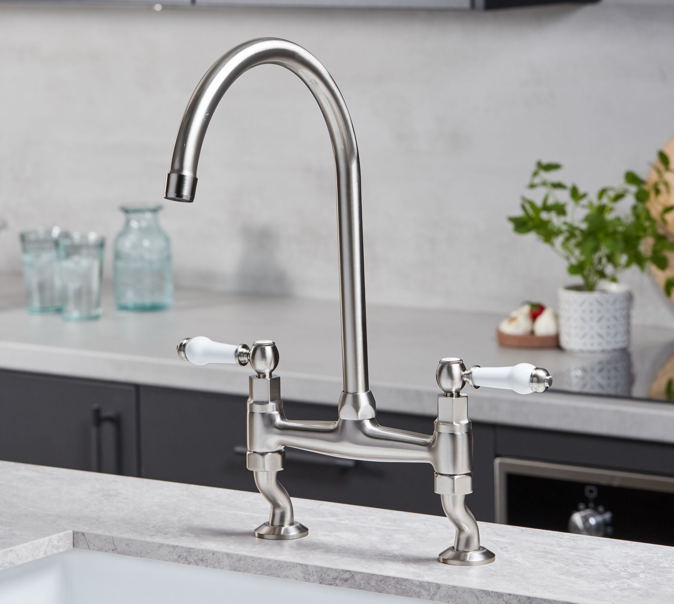 Traditional Bridge white ceramic lever sink mixer tap - Brushed Nickel