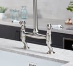 Traditional Bridge white ceramic lever sink mixer tap - Brushed Nickel