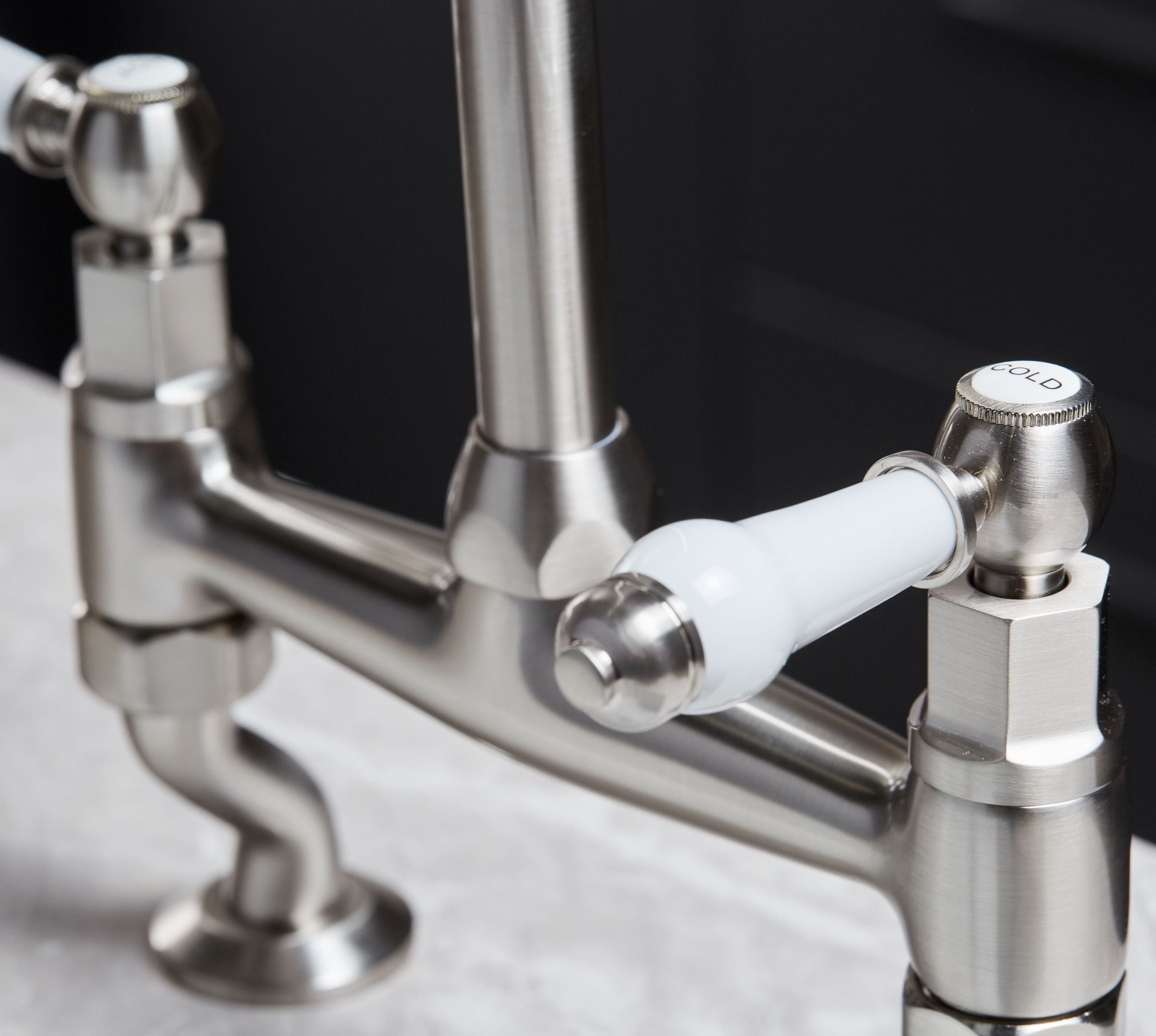 Traditional Bridge white ceramic lever sink mixer tap - Brushed Nickel