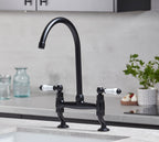Traditional Bridge White ceramic lever sink mixer tap - Matt Black