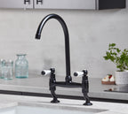 Traditional Bridge White ceramic lever sink mixer tap - Matt Black
