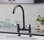 Traditional Bridge White ceramic lever sink mixer tap - Matt Black