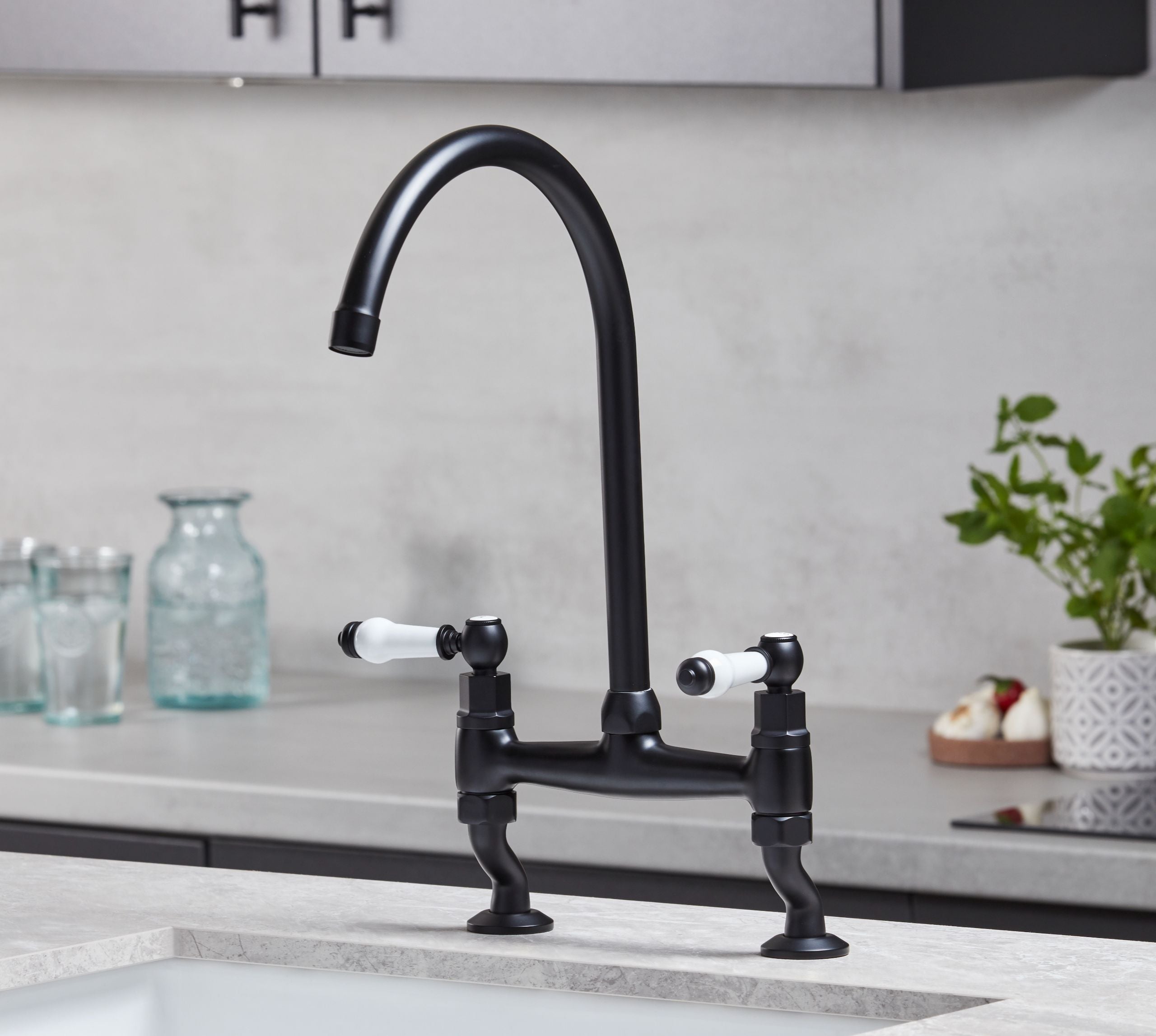 Traditional Bridge White ceramic lever sink mixer tap - Matt Black