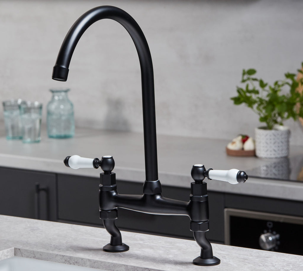 Traditional Bridge White ceramic lever sink mixer tap - Matt Black