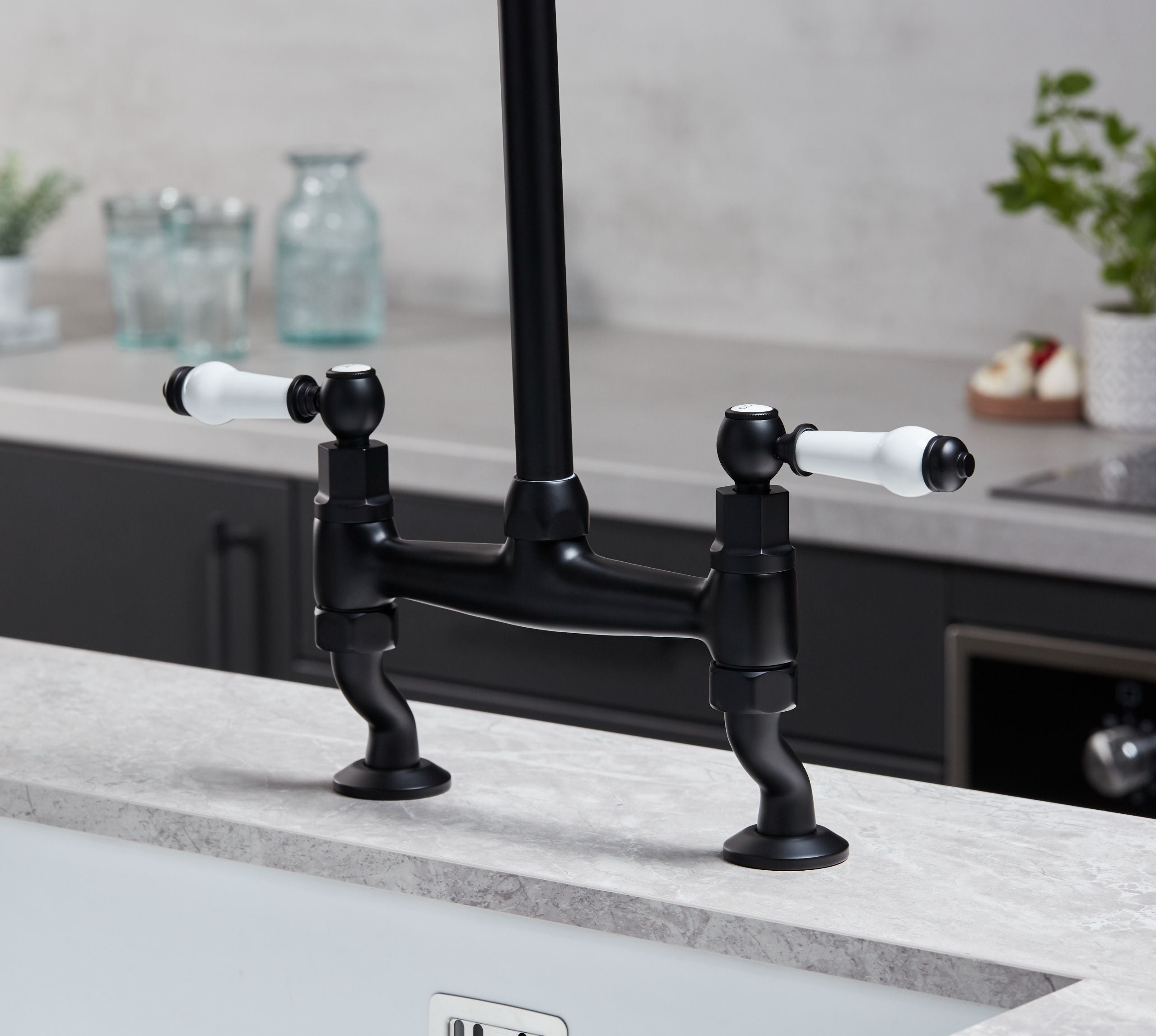 Traditional Bridge White ceramic lever sink mixer tap - Matt Black