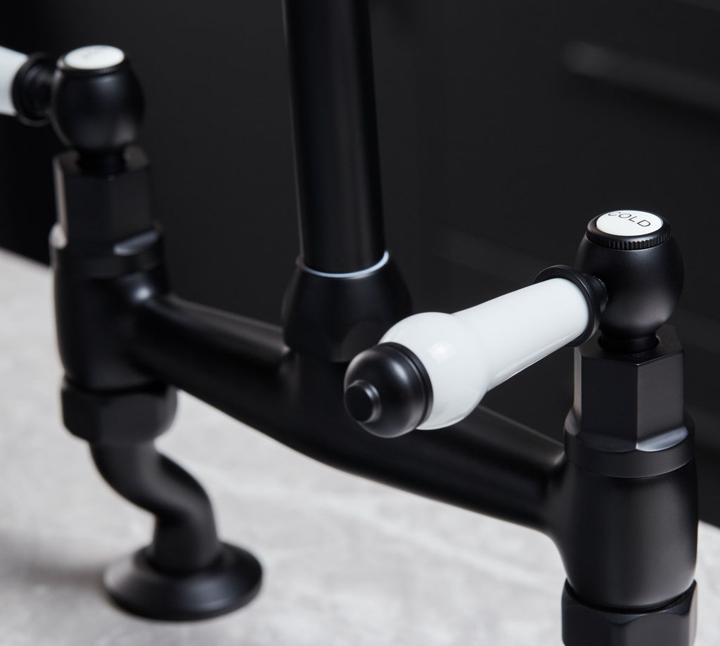Traditional Bridge White ceramic lever sink mixer tap - Matt Black