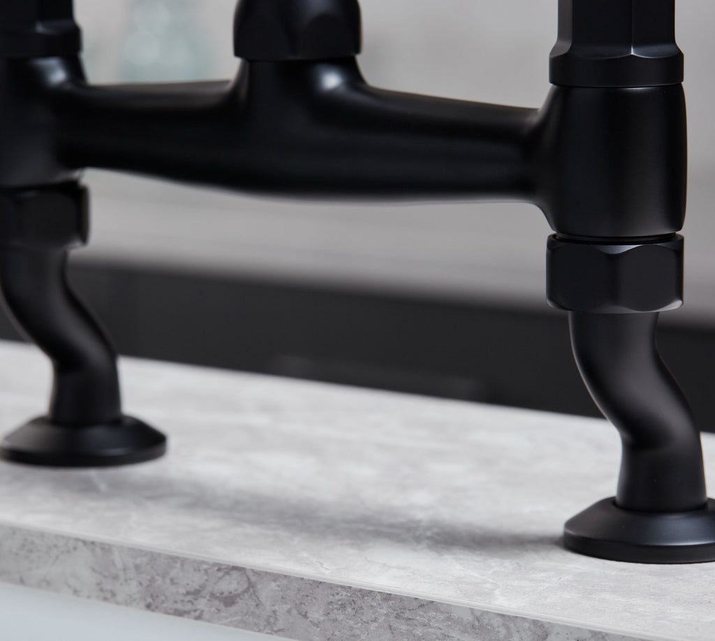 Traditional Bridge White ceramic lever sink mixer tap - Matt Black