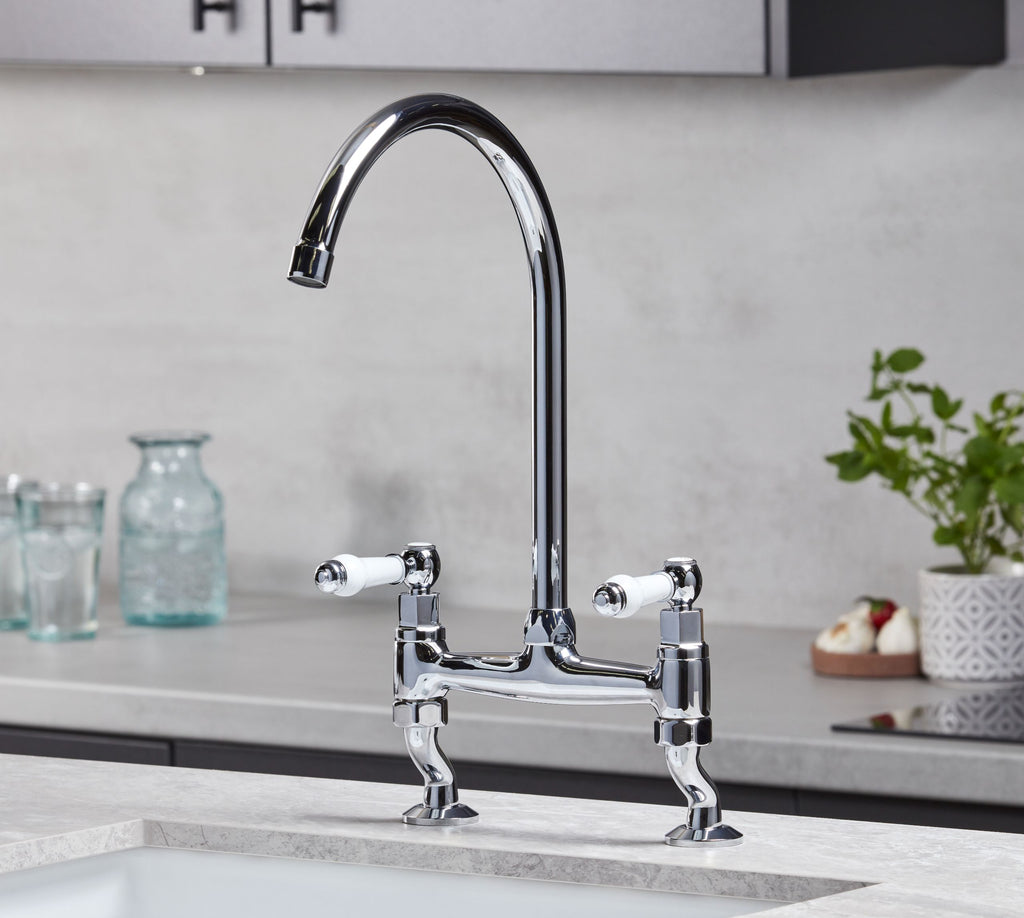Traditional Bridge white cermaic levers sink mixer tap - Chrome