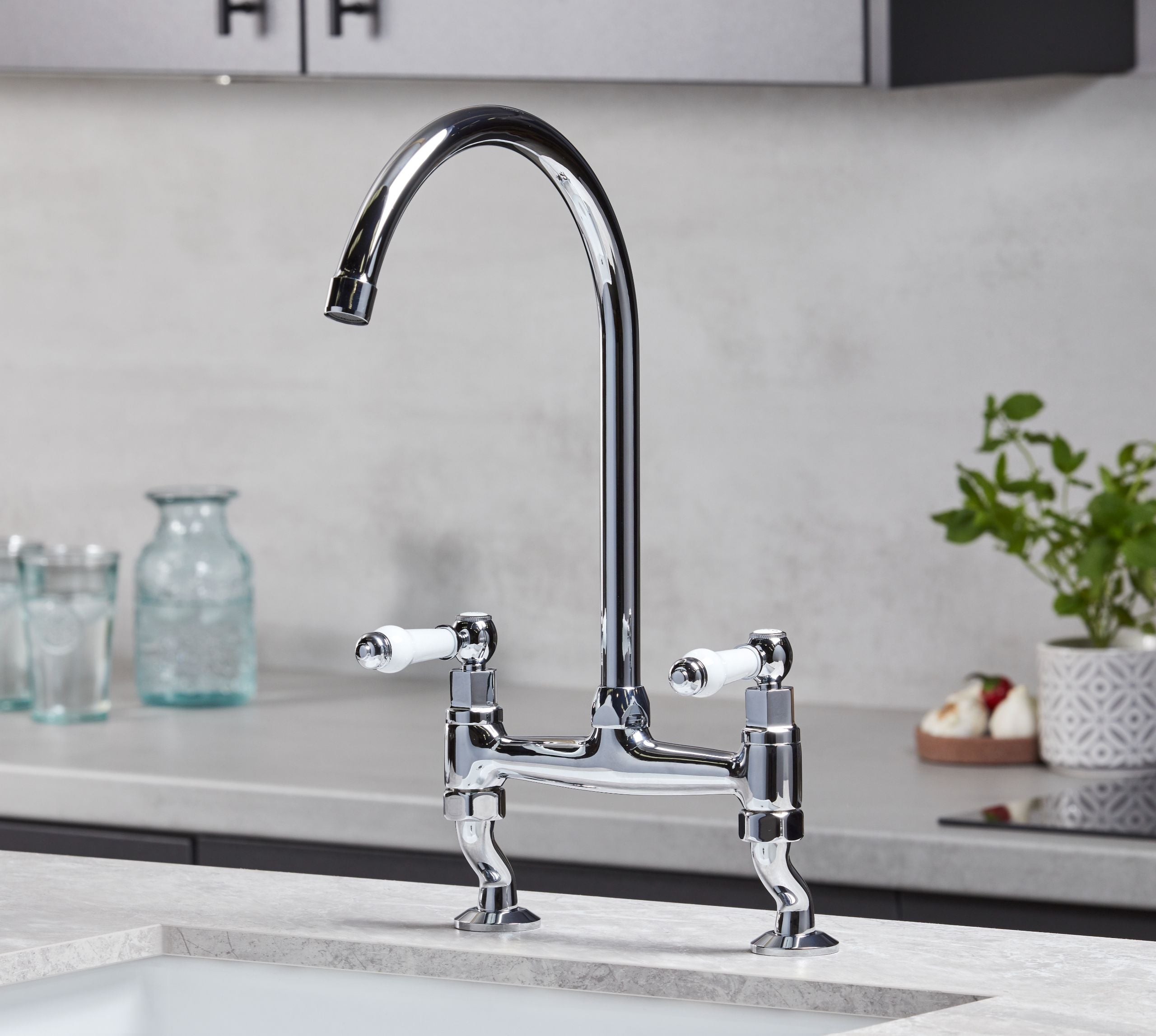 Traditional Bridge white cermaic levers sink mixer tap - Chrome