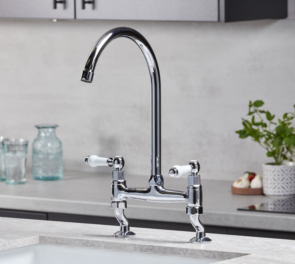 Traditional Bridge white cermaic levers sink mixer tap - Chrome