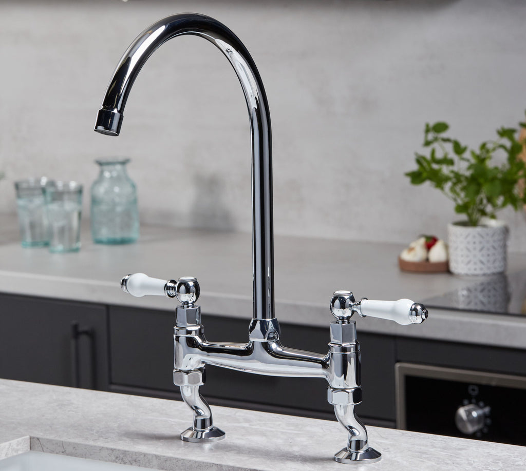 Traditional Bridge white cermaic levers sink mixer tap - Chrome