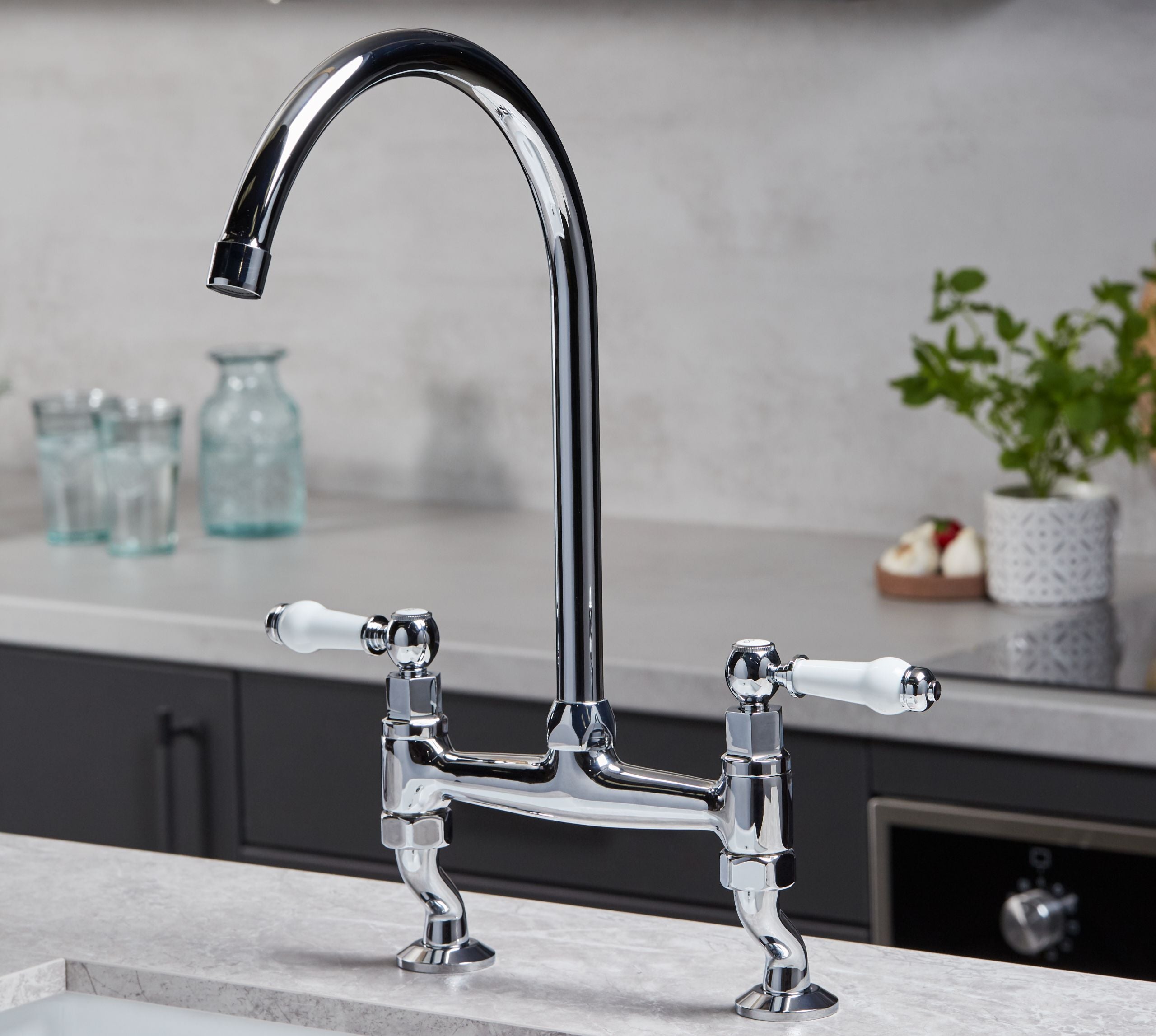 Traditional Bridge white cermaic levers sink mixer tap - Chrome