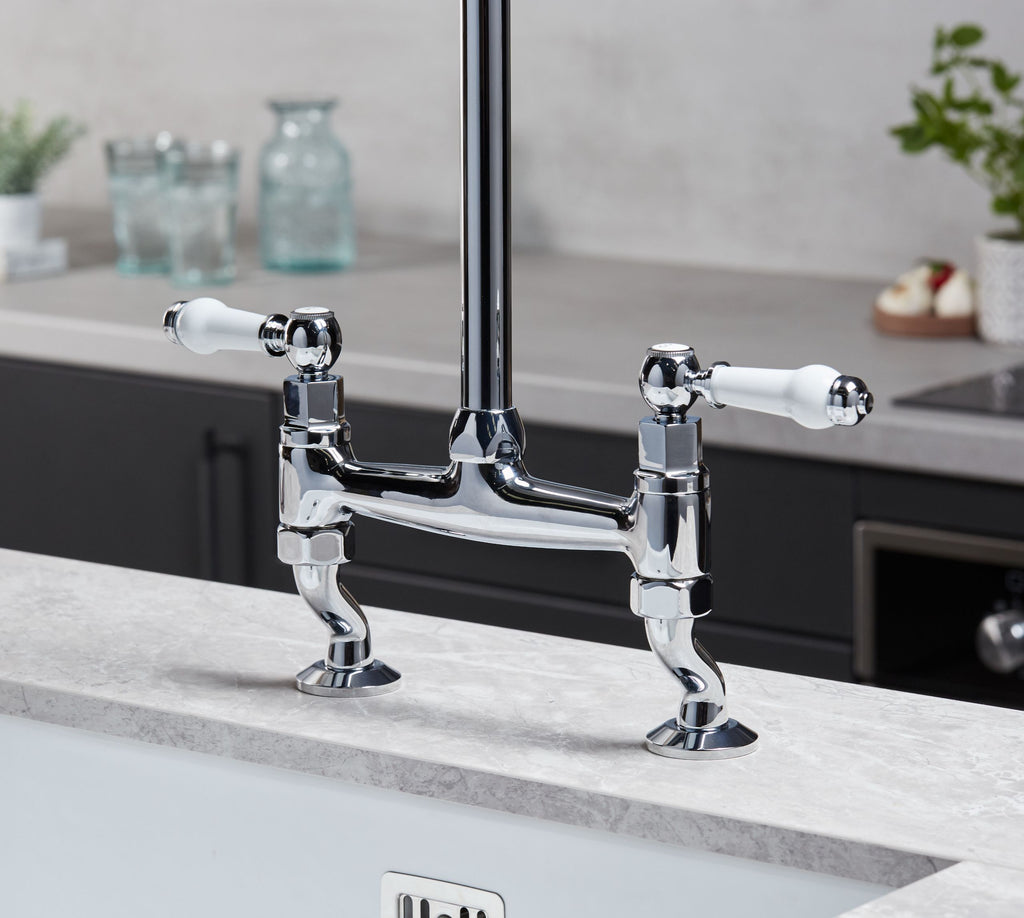 Traditional Bridge white cermaic levers sink mixer tap - Chrome