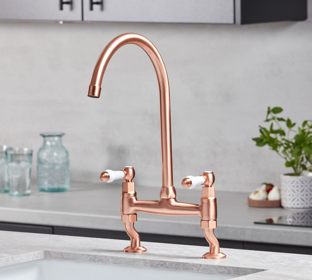 Traditional Bridge white ceramic lever sink mixer tap - Copper