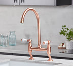 Traditional Bridge white ceramic lever sink mixer tap - Copper