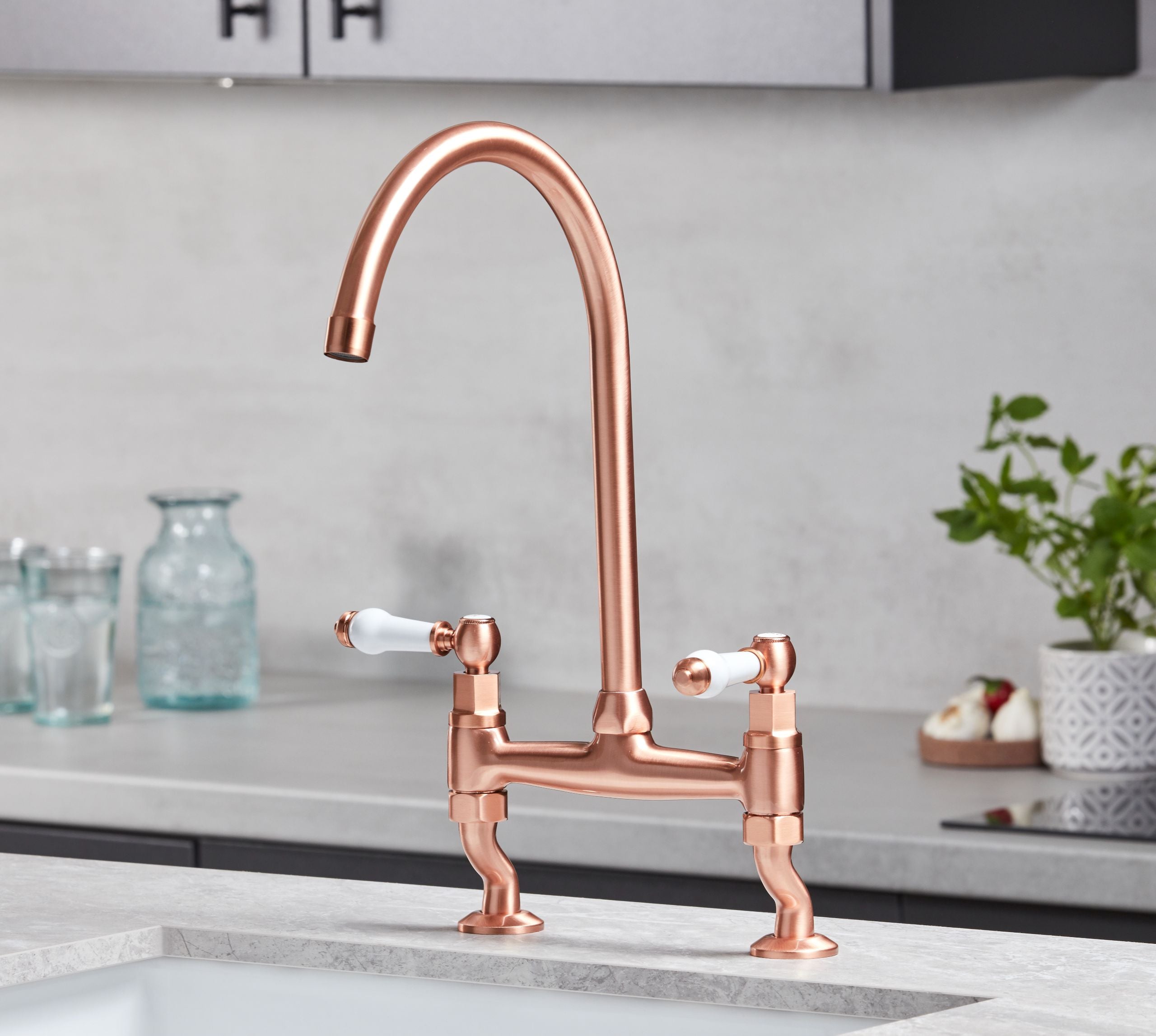Traditional Bridge white ceramic lever sink mixer tap - Copper