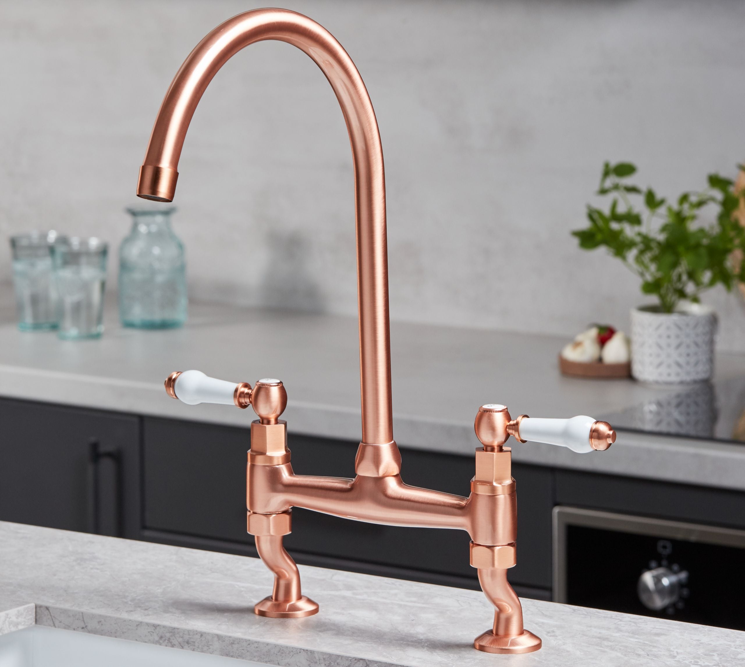 Traditional Bridge white ceramic lever sink mixer tap - Copper