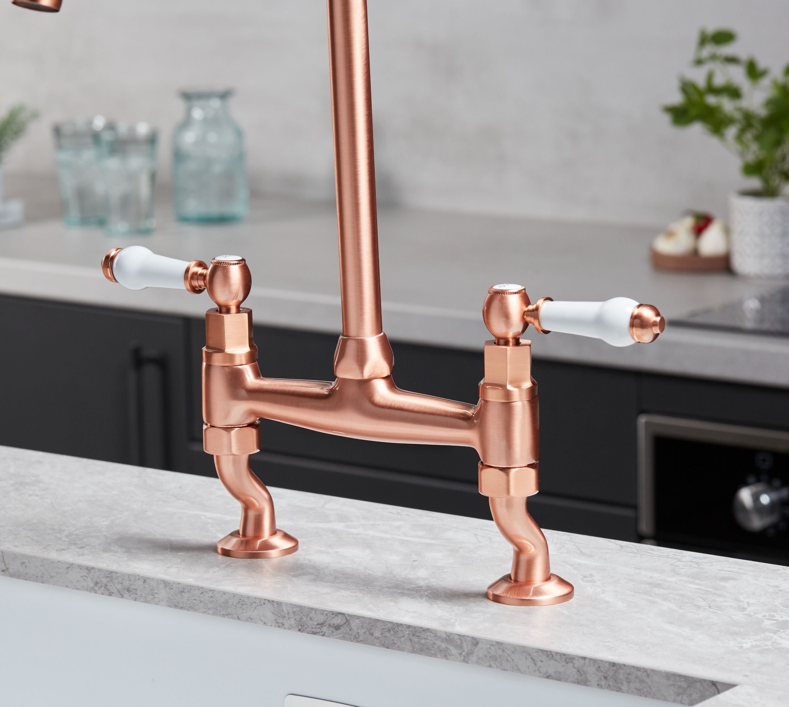 Traditional Bridge white ceramic lever sink mixer tap - Copper