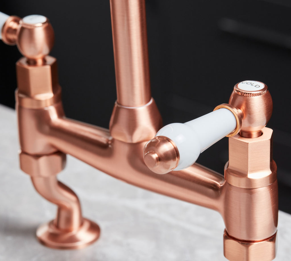 Traditional Bridge white ceramic lever sink mixer tap - Copper
