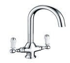Imperial Twin Lever Traditional Style Swan Neck Mono Bloc Tap - Chrome with white handles