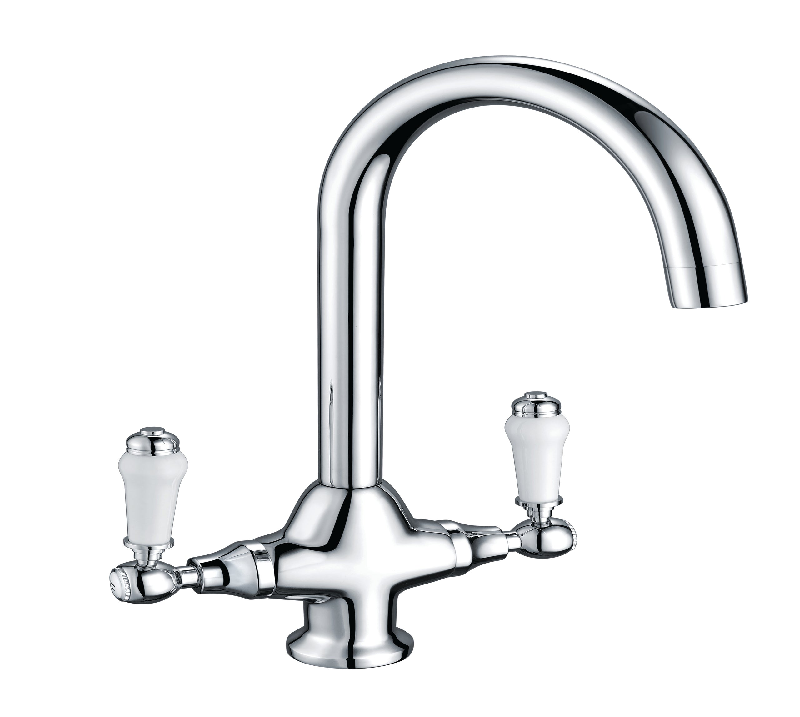 Imperial Twin Lever Traditional Style Swan Neck Mono Bloc Tap - Chrome with white handles