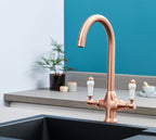 Imperial Twin Lever Traditional Style Swan Neck Mono Bloc Kitchen Tap - Copper with White Handles