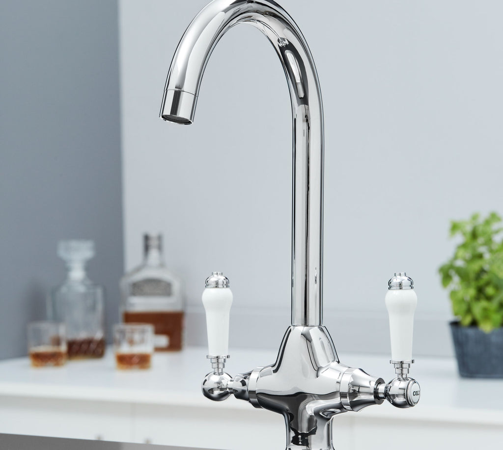 Imperial Twin Lever Traditional Style Swan Neck Mono Bloc Tap - Chrome with white handles
