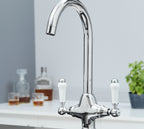Imperial Twin Lever Traditional Style Swan Neck Mono Bloc Tap - Chrome with white handles