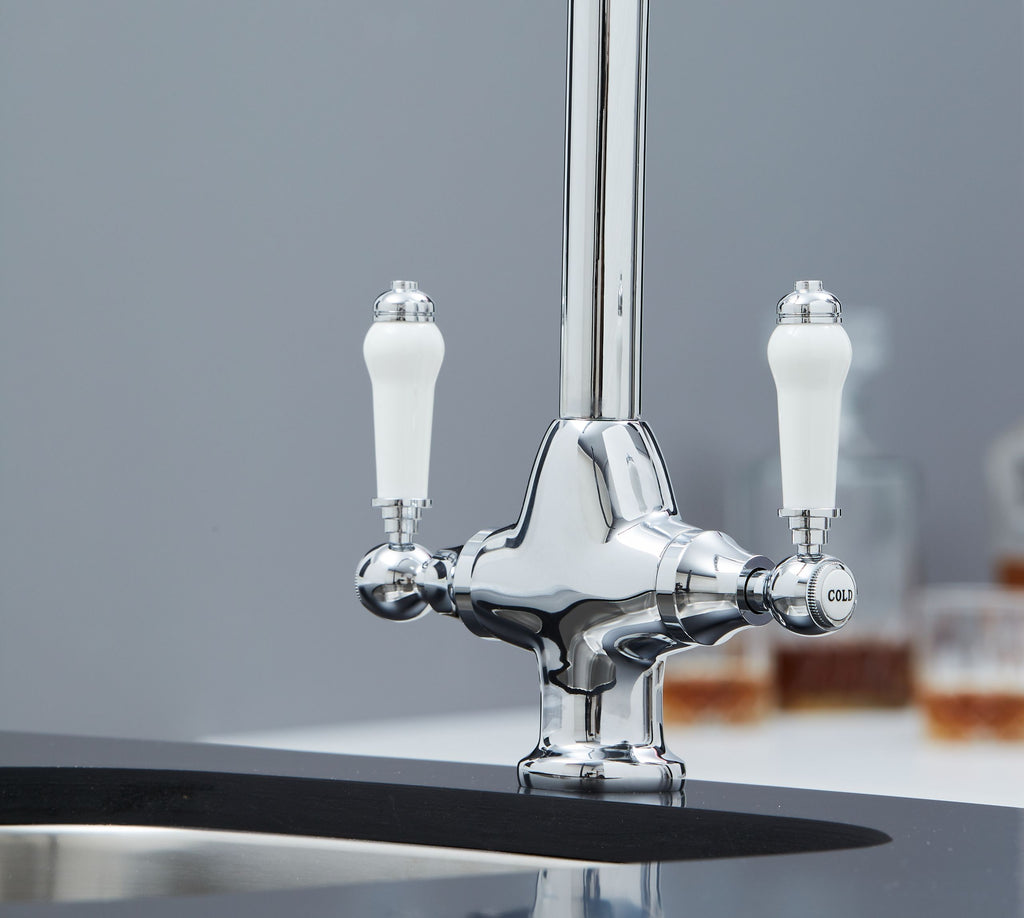 Imperial Twin Lever Traditional Style Swan Neck Mono Bloc Tap - Chrome with white handles