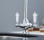 Imperial Twin Lever Traditional Style Swan Neck Mono Bloc Tap - Chrome with white handles