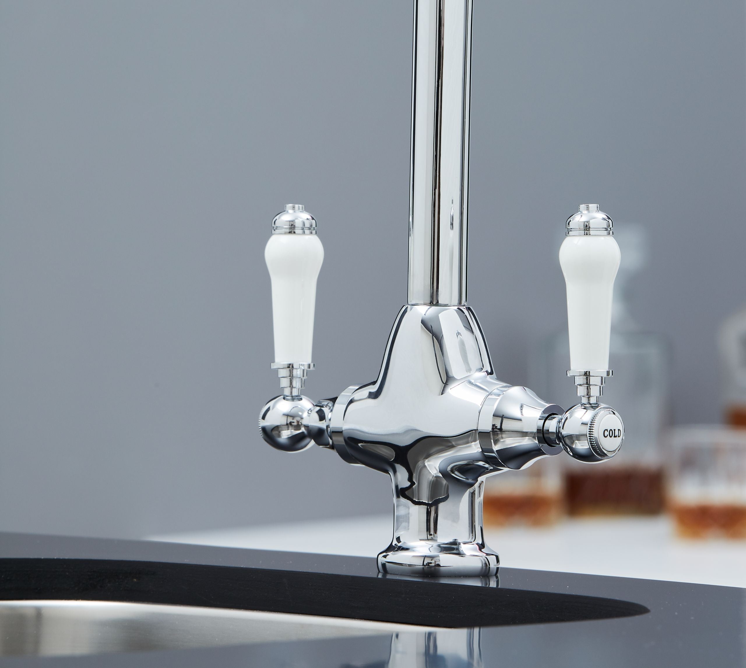 Imperial Twin Lever Traditional Style Swan Neck Mono Bloc Tap - Chrome with white handles