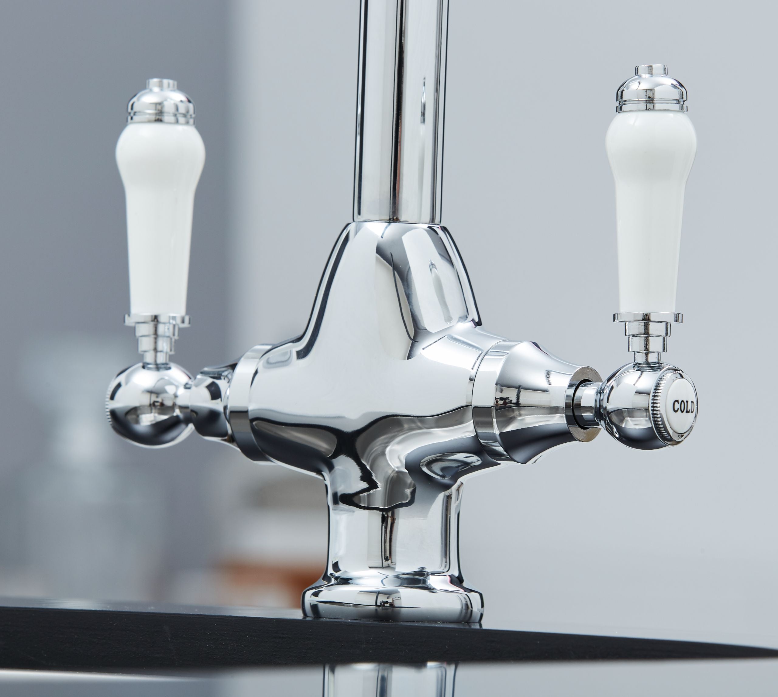 Imperial Twin Lever Traditional Style Swan Neck Mono Bloc Tap - Chrome with white handles