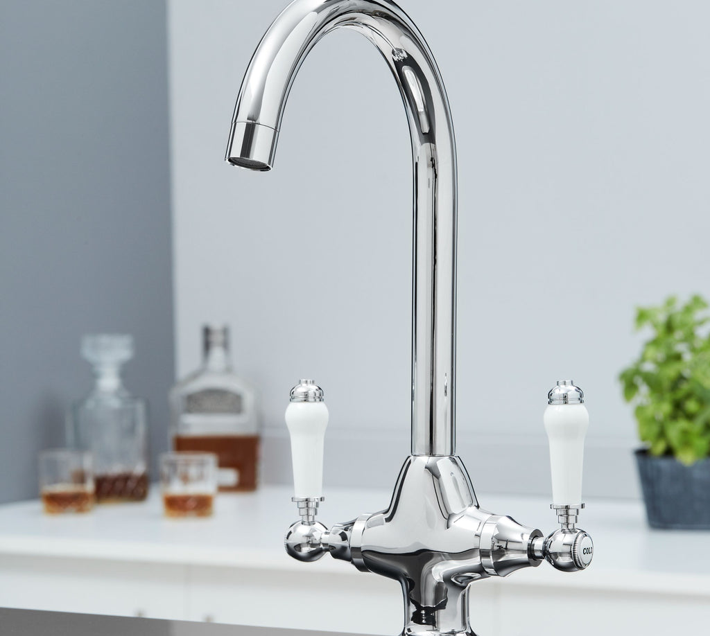 Imperial Twin Lever Traditional Style Swan Neck Mono Bloc Tap - Chrome with white handles