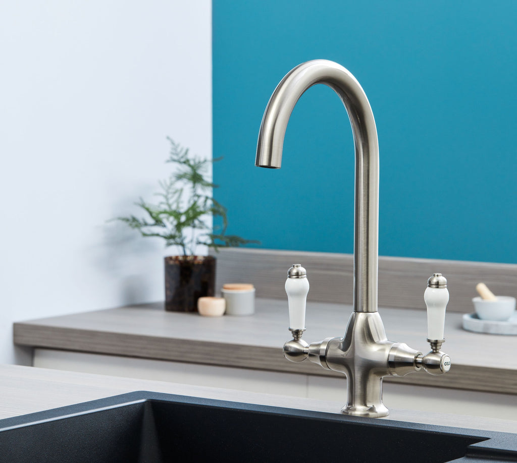 Imperial Twin Lever Traditional Style Swan Neck Mono Bloc Tap - Brushed Nickel with White Levers