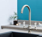 Imperial Twin Lever Traditional Style Swan Neck Mono Bloc Tap - Brushed Nickel with White Levers