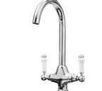 Imperial Twin Lever Traditional Style Swan Neck Mono Bloc Tap - Chrome with white handles