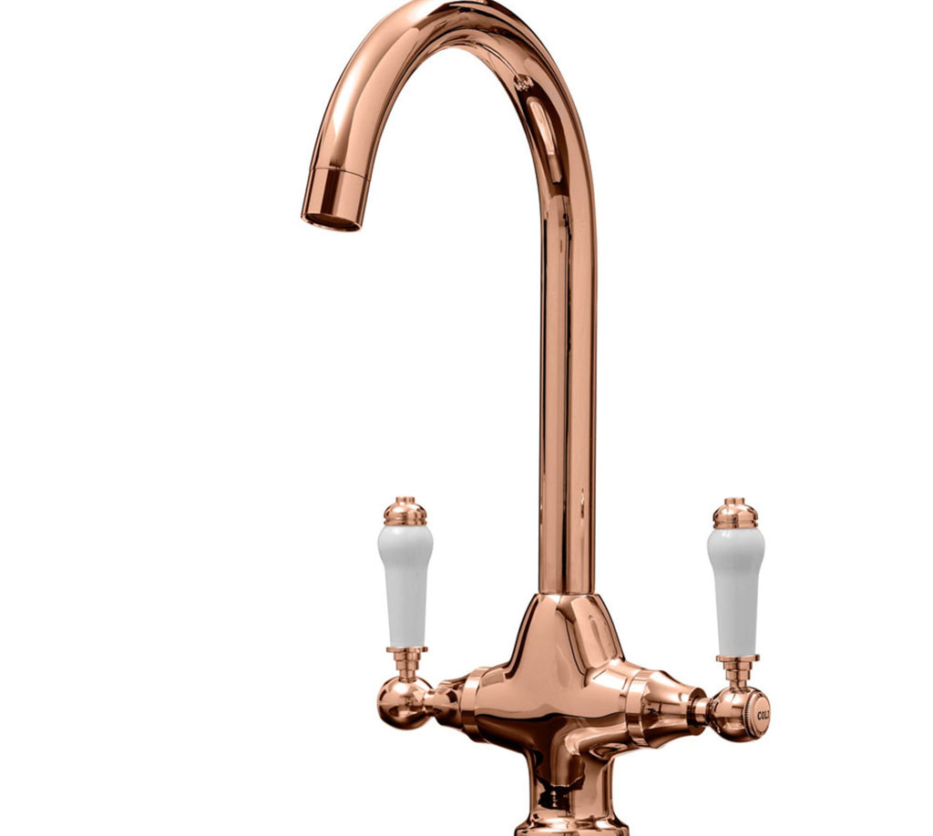 Imperial Twin Lever Traditional Style Swan Neck Mono Bloc Kitchen Tap - Copper with White Handles