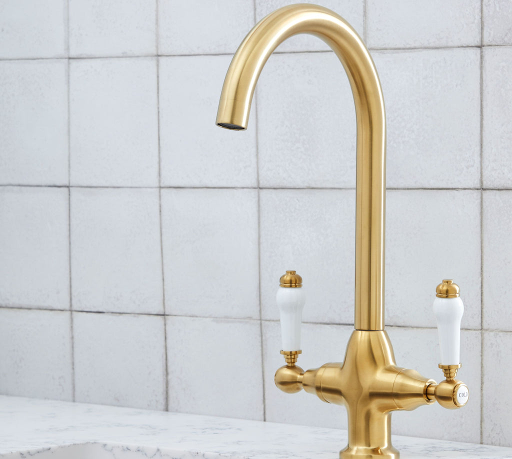 Imperial Twin Lever Traditional Style Swan Neck Mono Bloc Tap - Brushed Brass with White Levers
