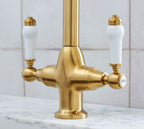 Imperial Twin Lever Traditional Style Swan Neck Mono Bloc Tap - Brushed Brass with White Levers